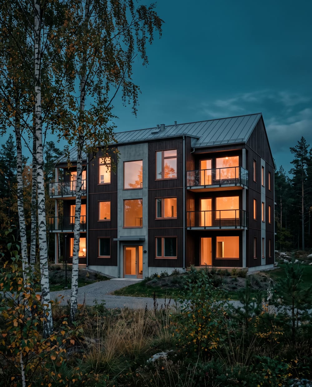 Mindre flerbostadshus i Värmland i kvällsljus