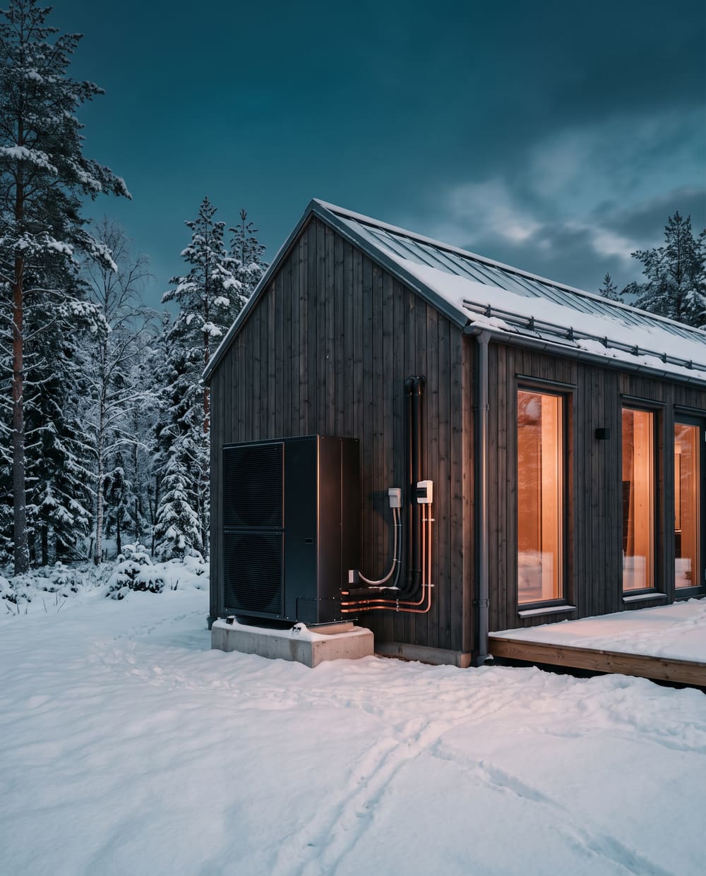 Utomhusvärmepump installerad vid ett hus i vintrigt Värmlandslandskap